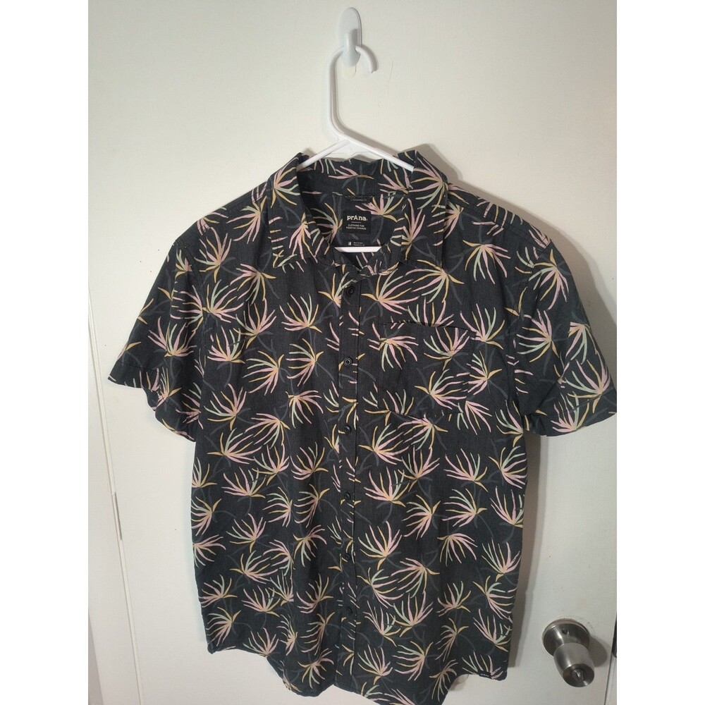 PRANA Stimmersee Shirt Men's M Standard Fit Dark Grey Palm Leaf Button Down